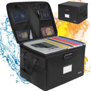 DEEGO Fireproof Document Box, Water-Resistant File Organizer Box with Lock, Portable File Box with Handle Document Safe Collapsible File Cabinets for Home Office for Hanging Letter/Legal Folder, Black
